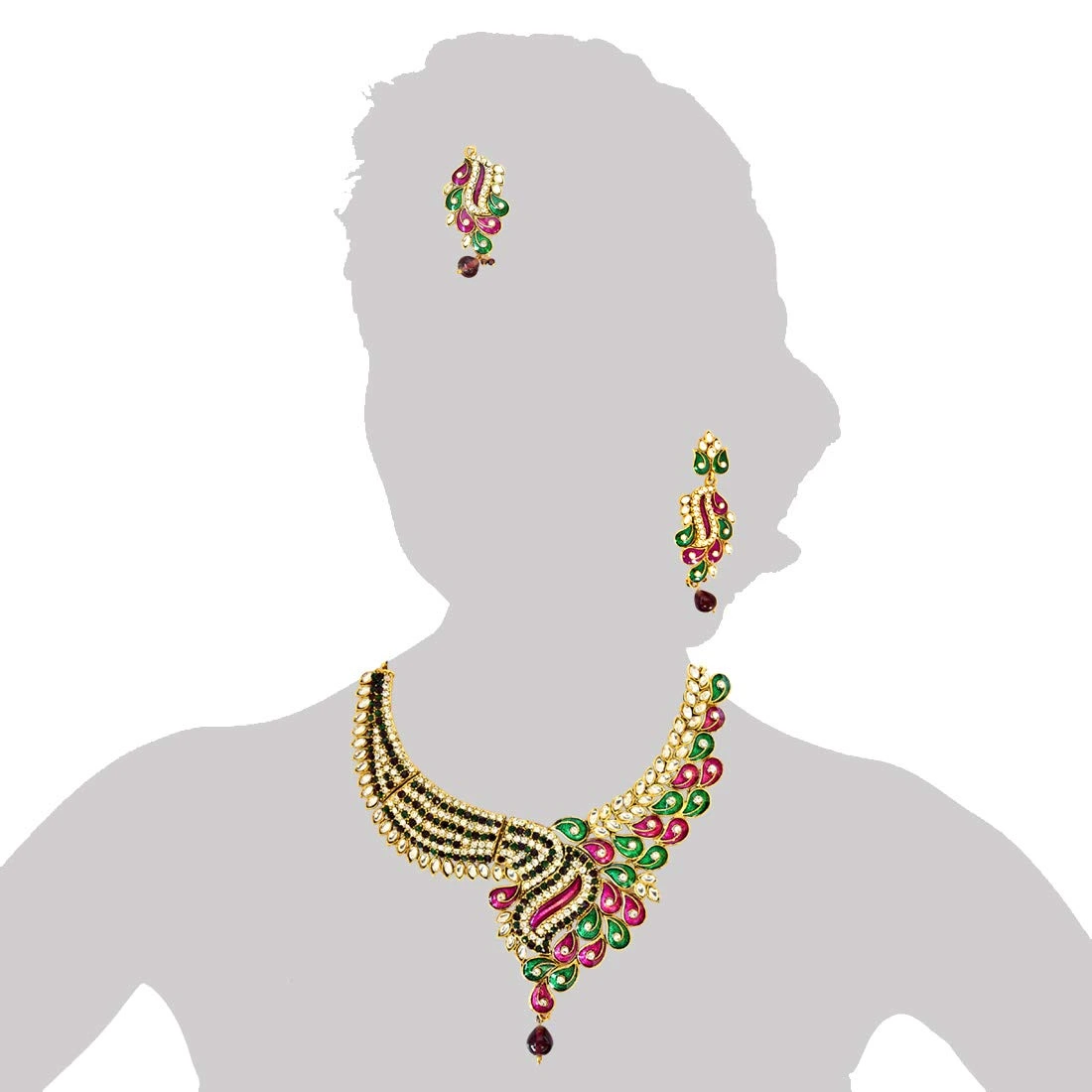 Green & White Coloured Stone, Pink & Green Enamelled Gold Plated Necklace Earrings & Manga Tikka Set for Women