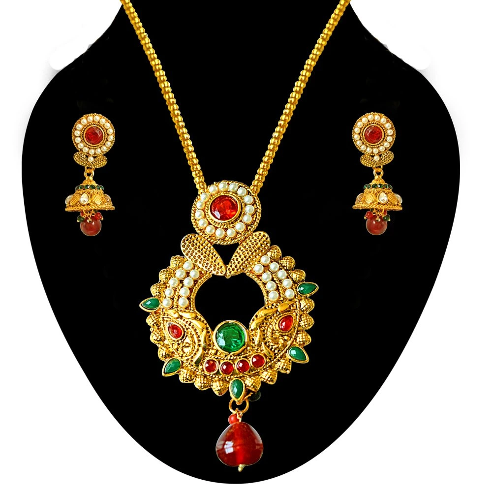 Traditional Red, Green & White Shell Pearl & Gold Plated Pendant Necklace & Earring Set (PS323)