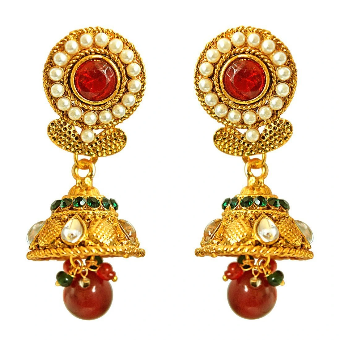 Traditional Red, Green & White Shell Pearl & Gold Plated Pendant Necklace & Earring Set (PS323)