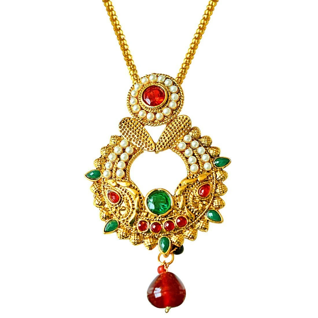 Traditional Red, Green & White Shell Pearl & Gold Plated Pendant Necklace & Earring Set (PS323)