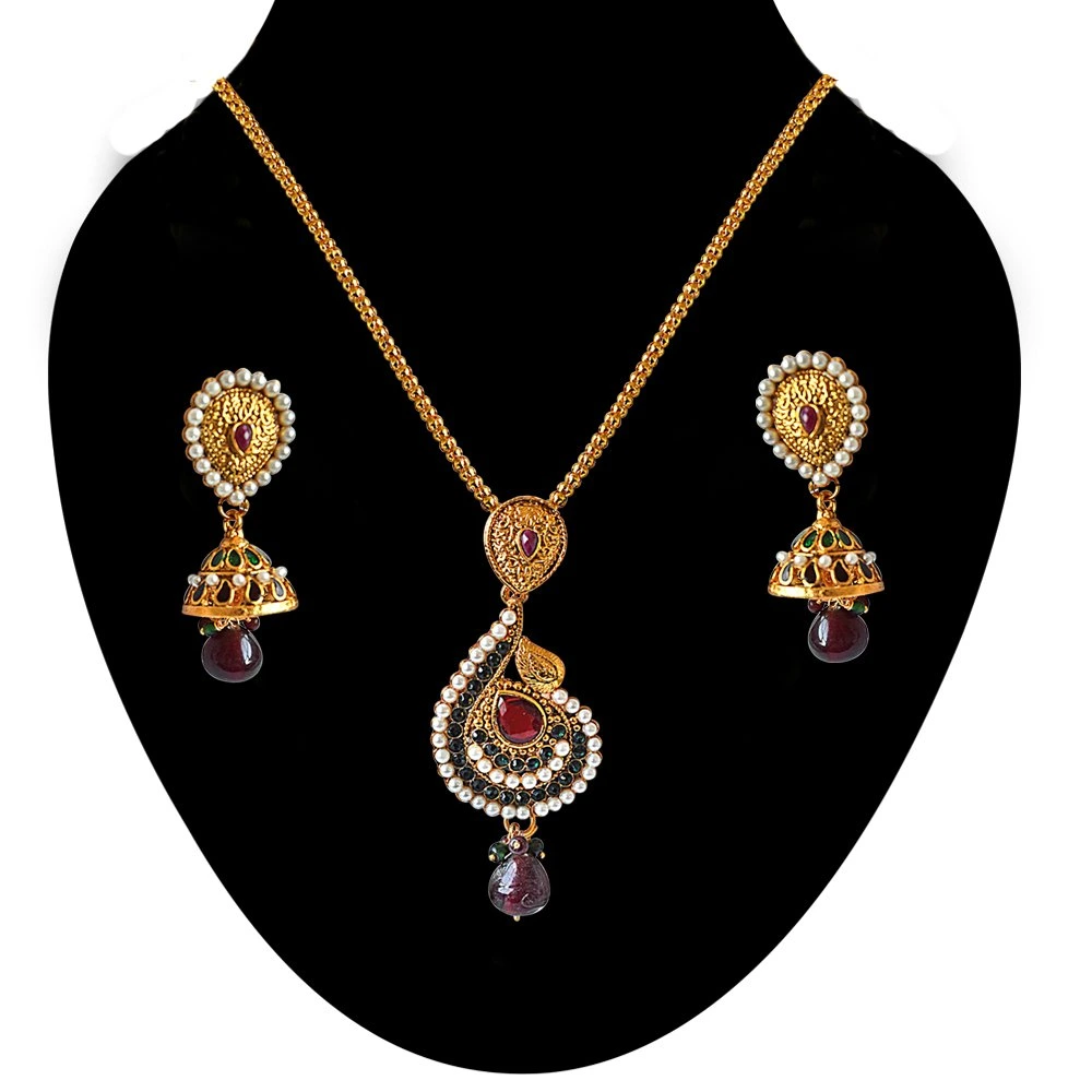 Traditional Drop Shaped Red, Green & White Shell Pearl & Gold Plated Pendant Necklace & Earring Set (PS324)