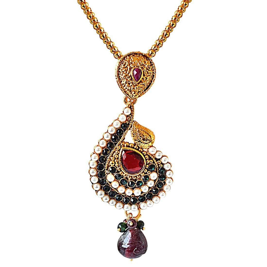 Traditional Drop Shaped Red, Green & White Shell Pearl & Gold Plated Pendant Necklace & Earring Set (PS324)