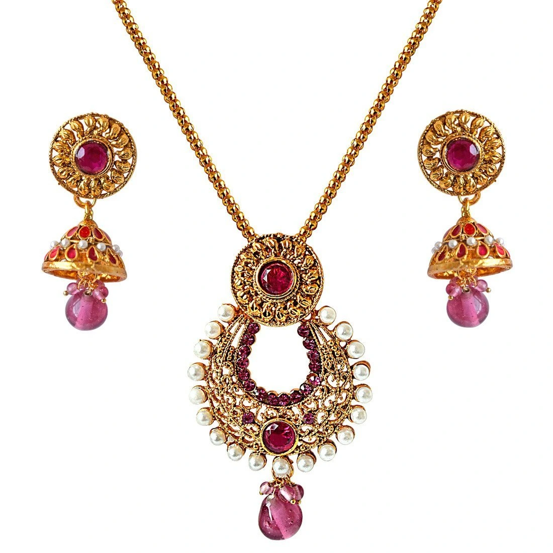 Fancy Drop Shaped Pink Stone & White Shell Pearl & Gold Plated Pendant Necklace & Earring Set (PS325)