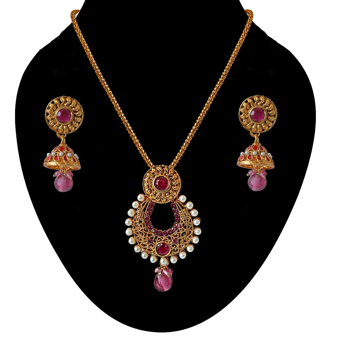 Fancy Drop Shaped Pink Stone & White Shell Pearl & Gold Plated Pendant Necklace & Earring Set (PS325)