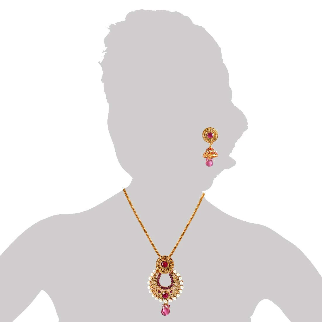 Fancy Drop Shaped Pink Stone & White Shell Pearl & Gold Plated Pendant Necklace & Earring Set (PS325)