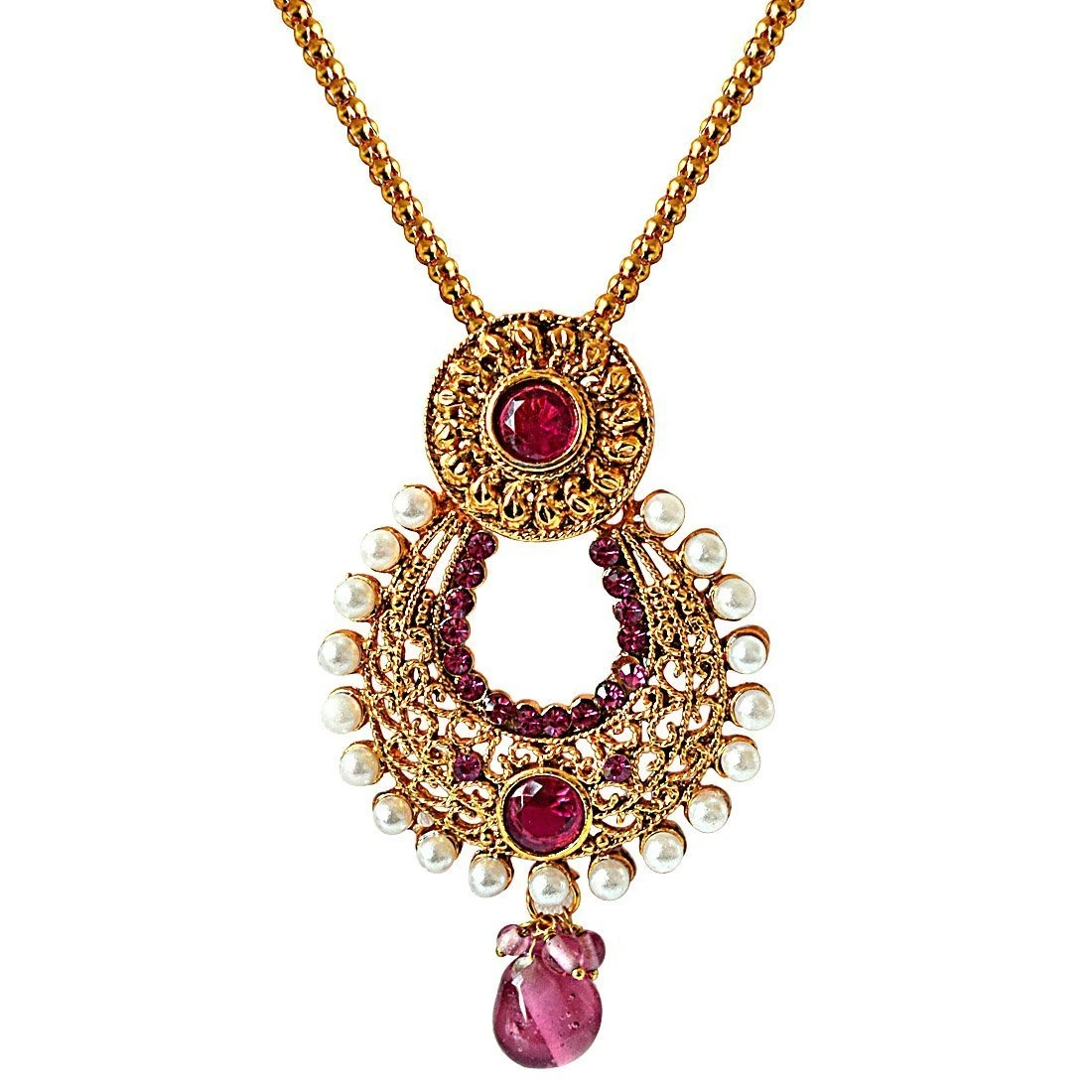 Fancy Drop Shaped Pink Stone & White Shell Pearl & Gold Plated Pendant Necklace & Earring Set (PS325)