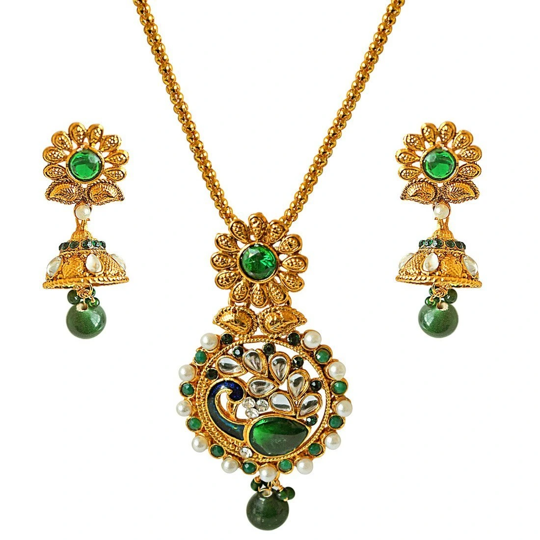 Traditional Peacock Design Green, White Stone & Shell Pearl & Gold Plated Pendant Necklace & Earring Set (PS326)