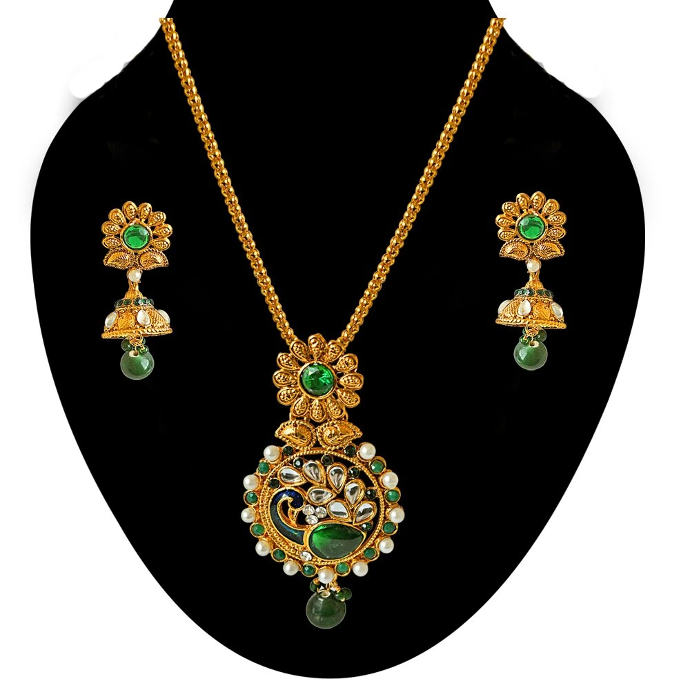 Traditional Peacock Design Green, White Stone & Shell Pearl & Gold Plated Pendant Necklace & Earring Set (PS326)