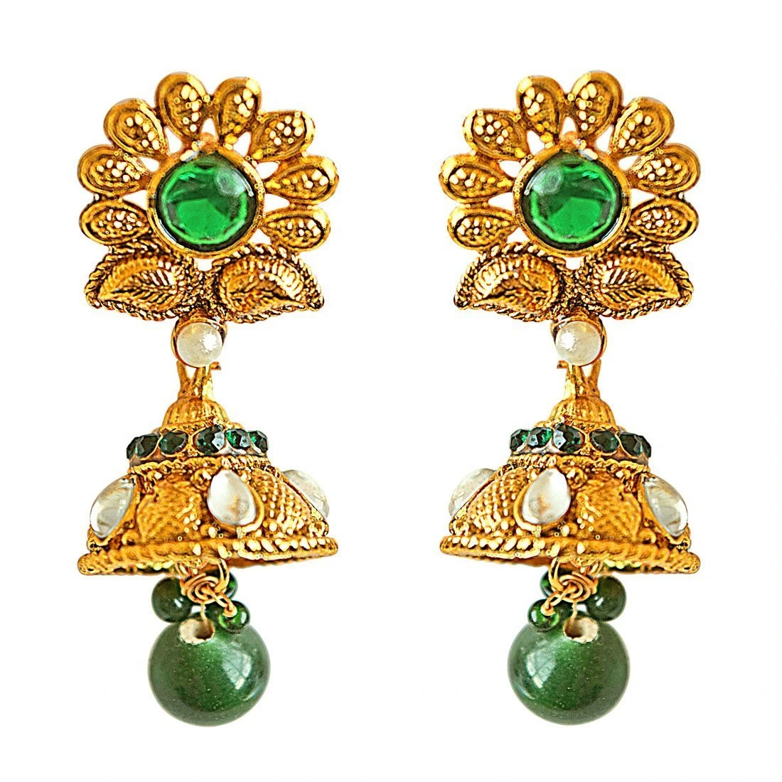 Traditional Peacock Design Green, White Stone & Shell Pearl & Gold Plated Pendant Necklace & Earring Set (PS326)