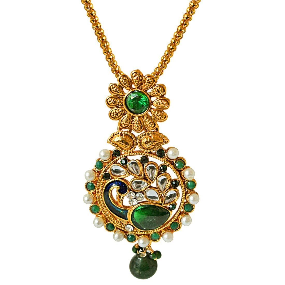 Traditional Peacock Design Green, White Stone & Shell Pearl & Gold Plated Pendant Necklace & Earring Set (PS326)