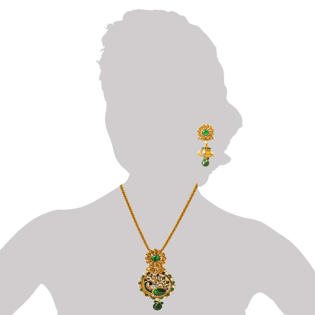 Traditional Peacock Design Green, White Stone & Shell Pearl & Gold Plated Pendant Necklace & Earring Set (PS326)