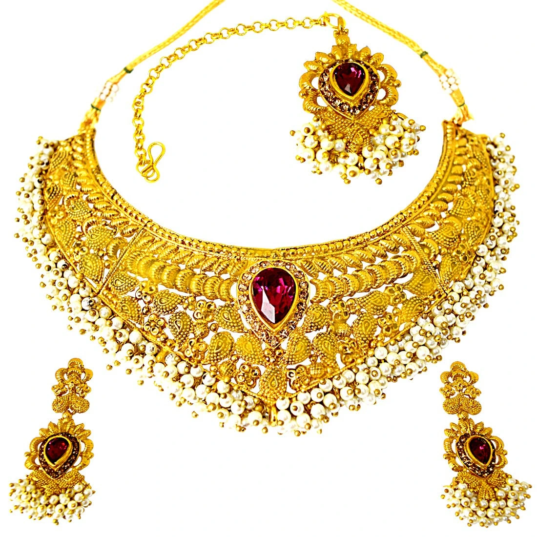 Ethnic Choker Style Gold Plated Designer Pink Coloured Stone Fashion Jewellery Set PS333