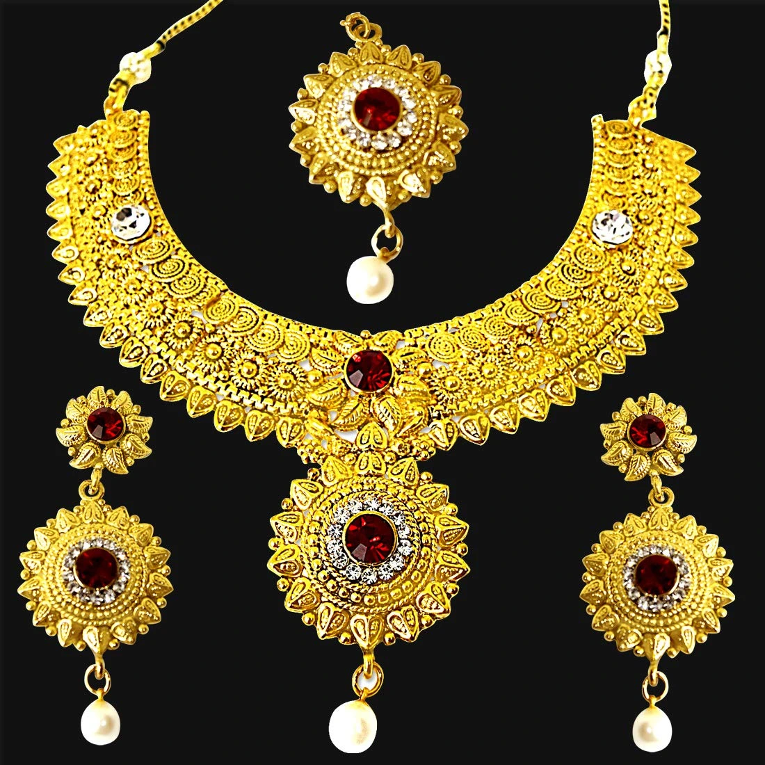 Ethnic Choker Style Gold Plated Designer Red Coloured Stone Fashion Jewellery Set PS335