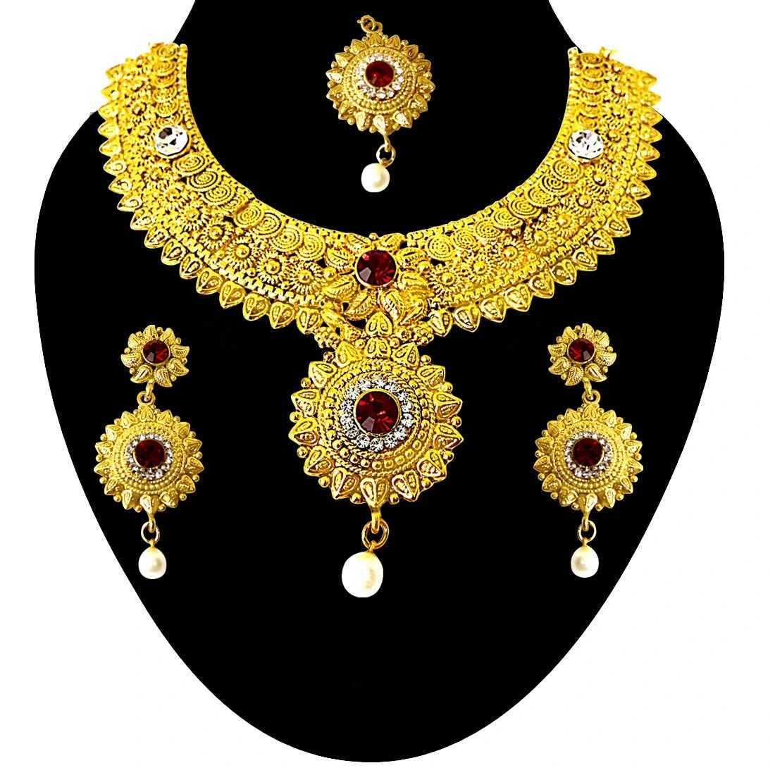 Ethnic Choker Style Gold Plated Designer Red Coloured Stone Fashion Jewellery Set PS335