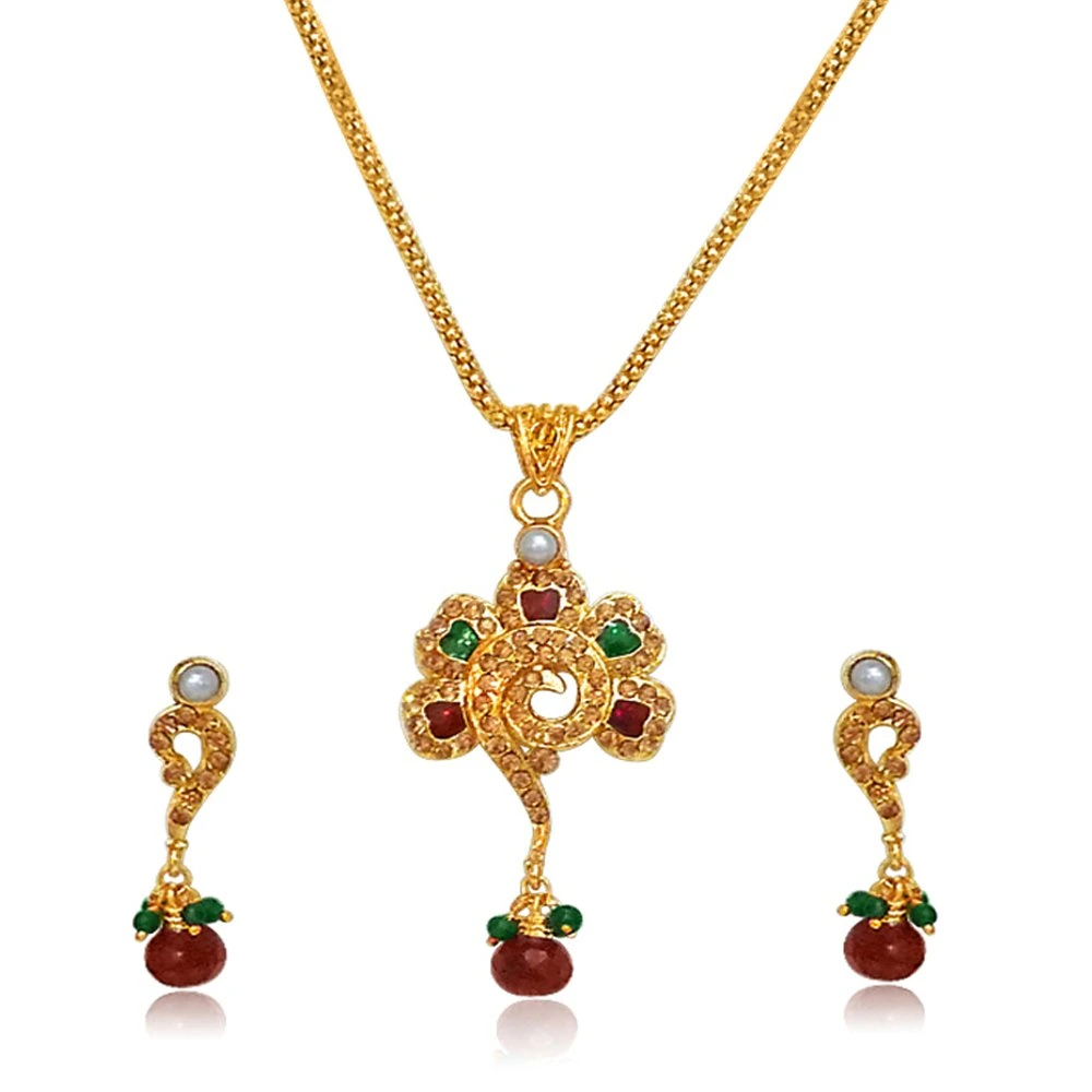 Flower Shaped Polki & Gold Plated Pendants Necklace & Earrings Set