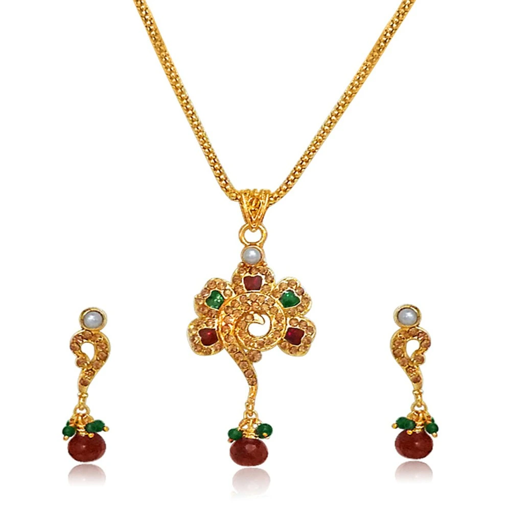 Flower Shaped Polki & Gold Plated Pendant Necklace & Earring Set (PS43)