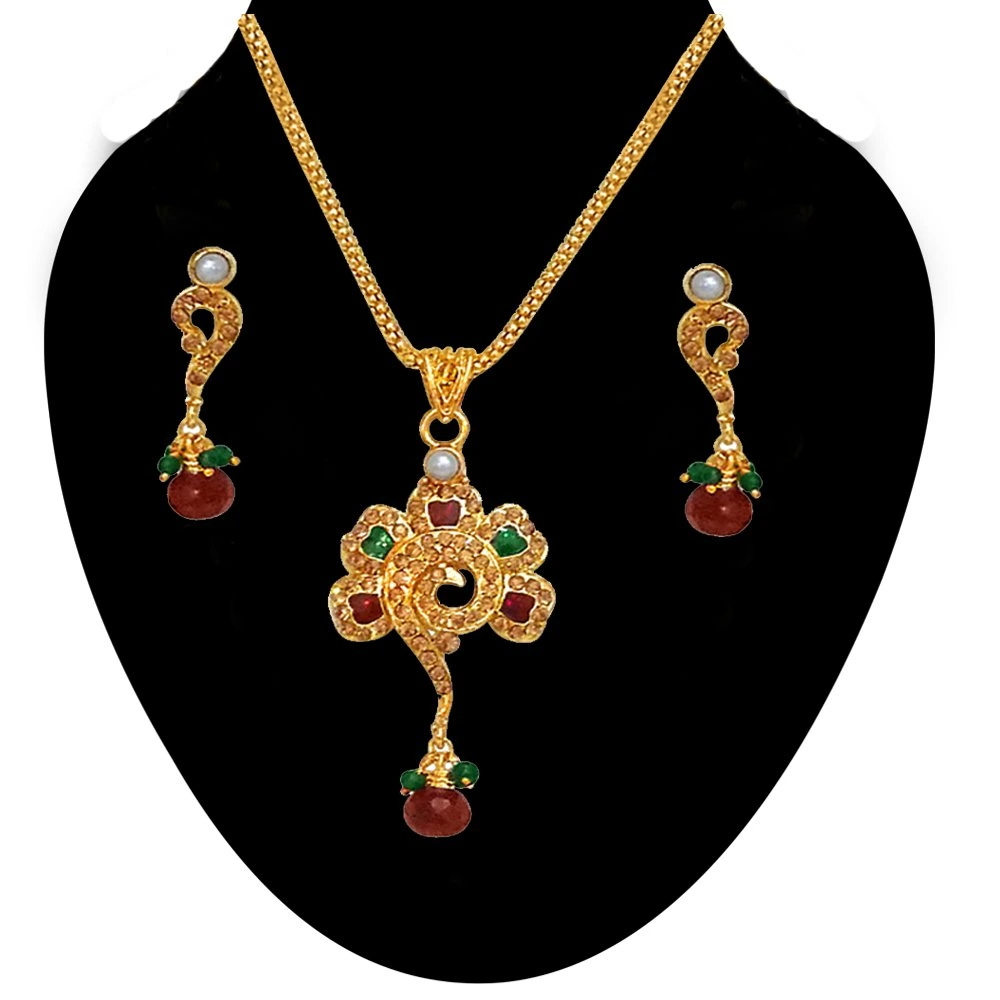 Flower Shaped Polki & Gold Plated Pendants Necklace & Earrings Set