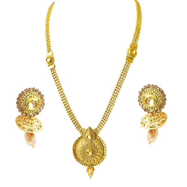 Traditional Drop Shaped Colored Stone and Gold Plated Necklace Earring Fashion Jewellery Set (PS449)