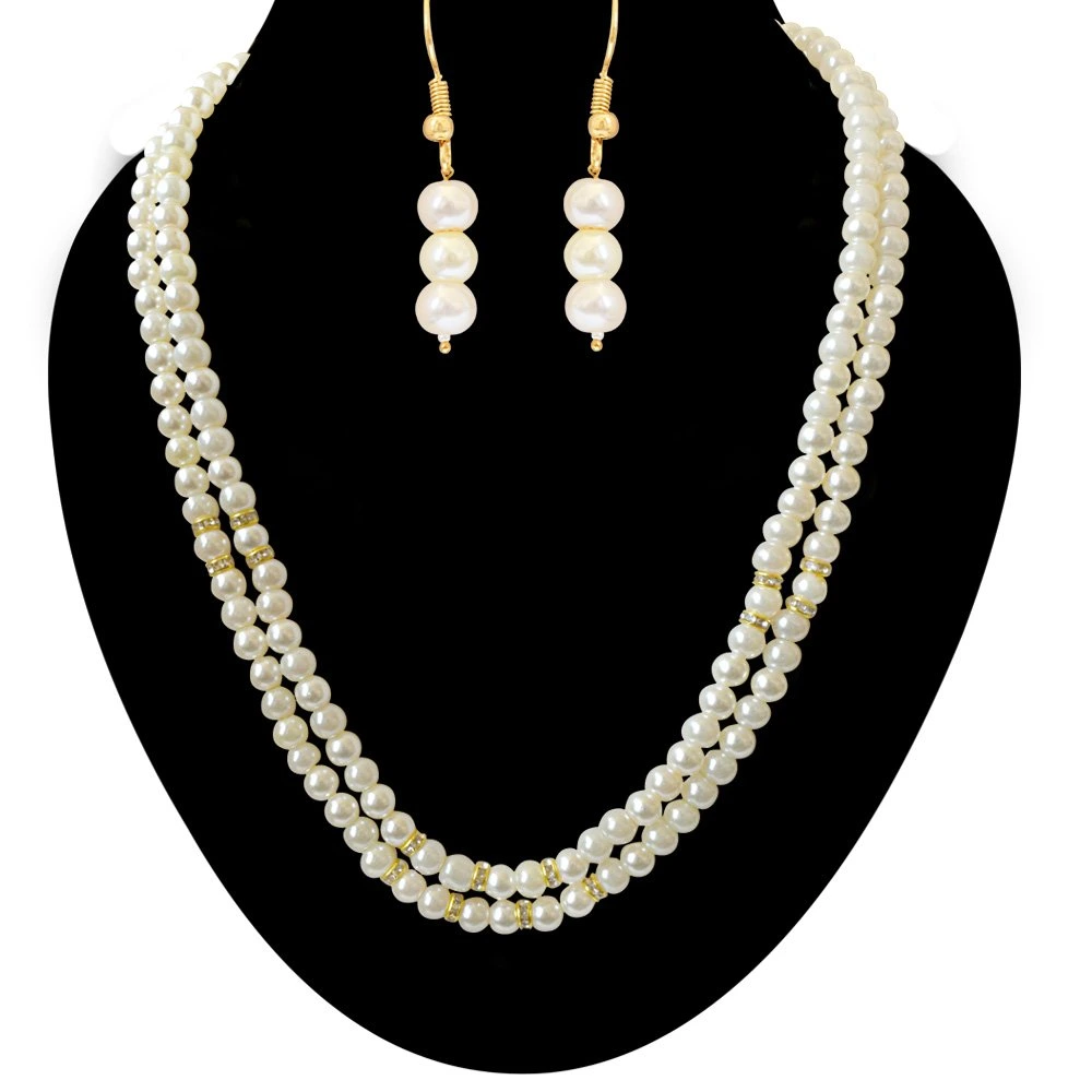 2 Line White Shell Pearl and Stone Ring Necklace Earring Set PS466