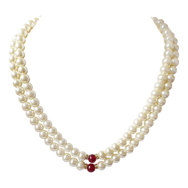 2 Line White Shell Pearl and Red Stone Necklace PS468
