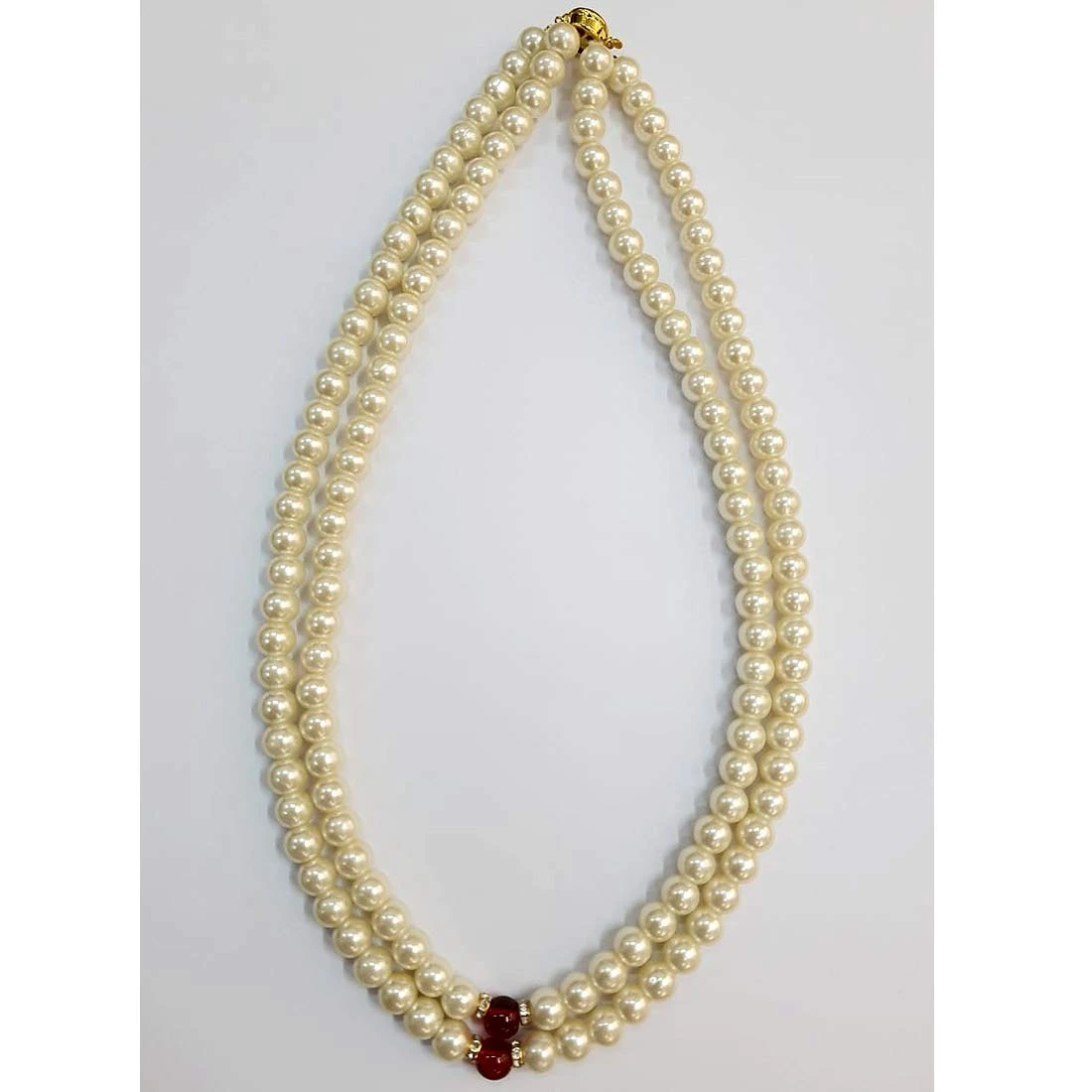 2 Line White Shell Pearl and Red Stone Necklace (PS468)