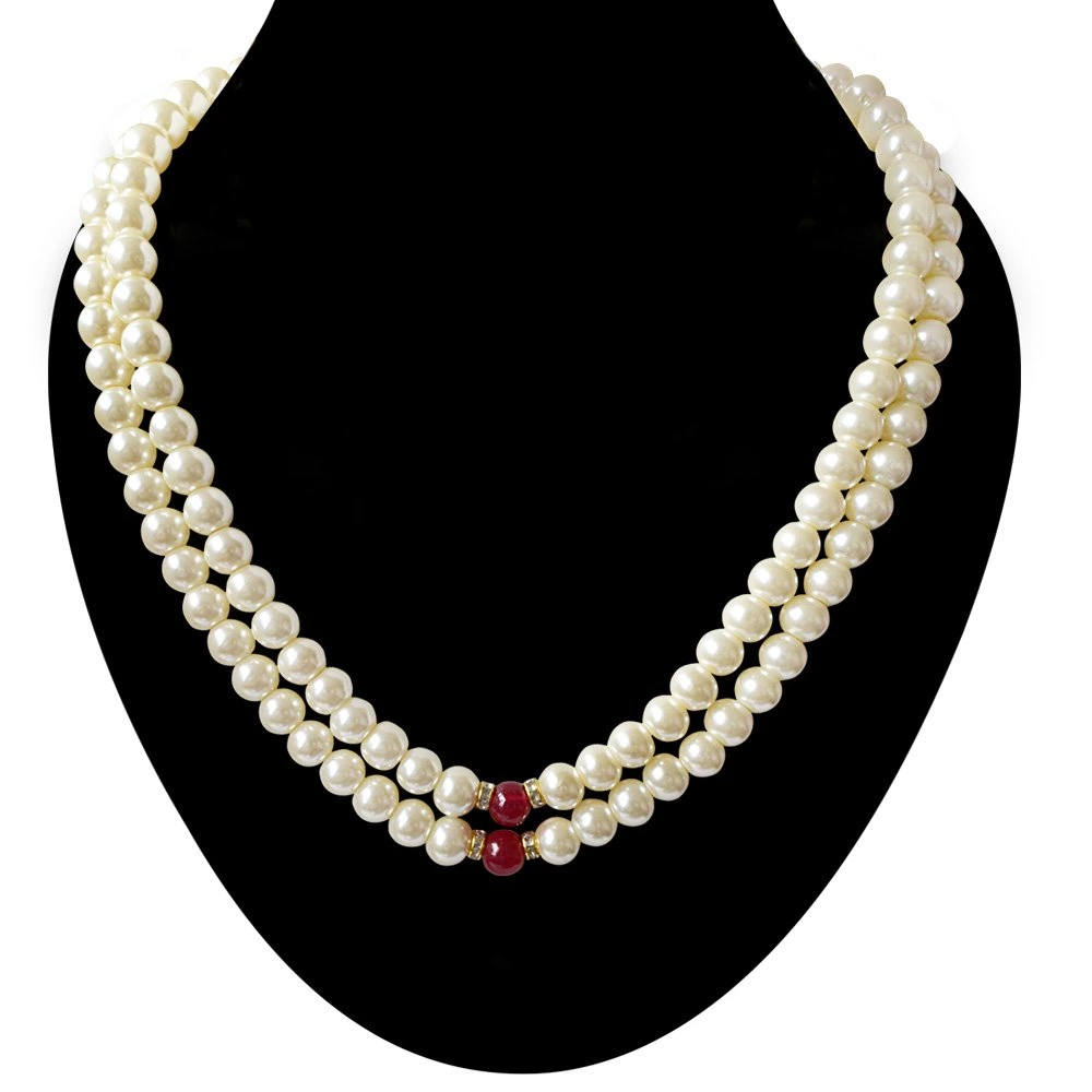 2 Line White Shell Pearl and Red Stone Necklace (PS468)