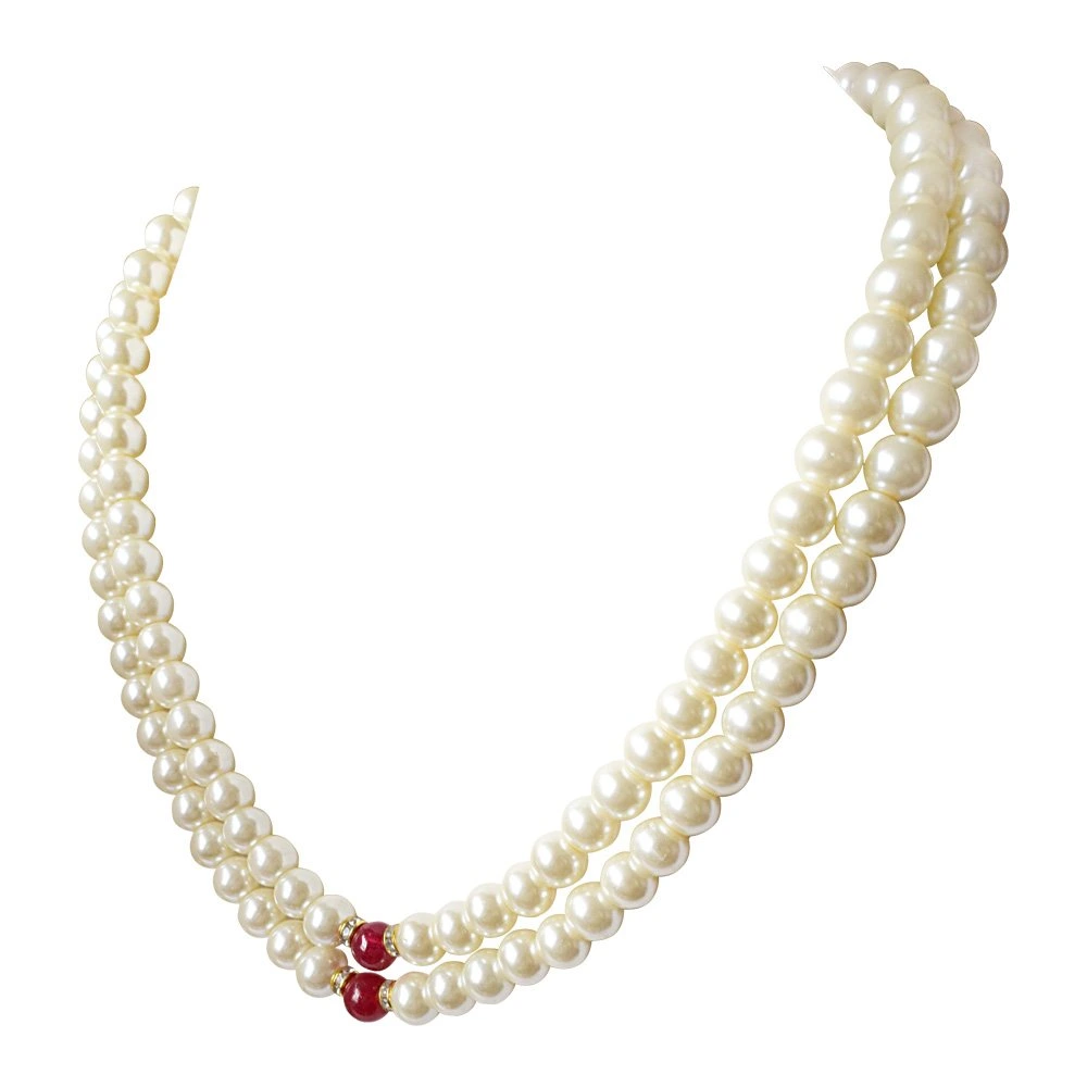 2 Line White Shell Pearl and Red Stone Necklace (PS468)