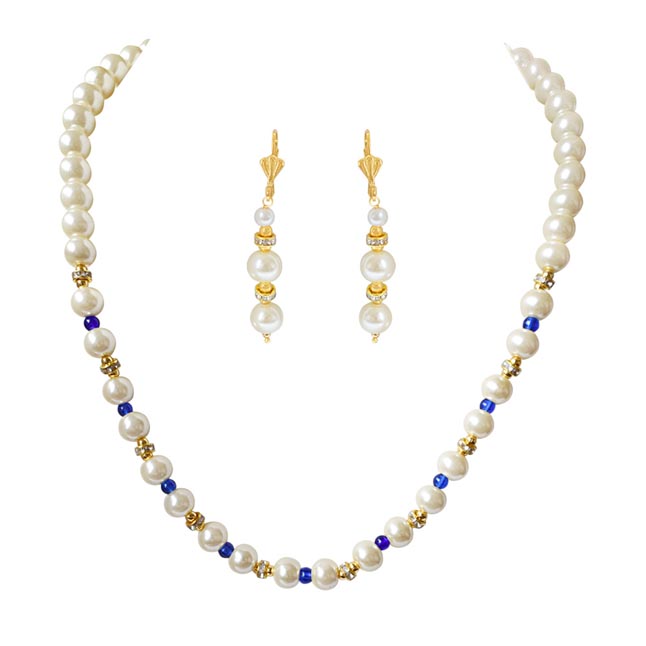 Single Line White Shell Pearl, Blue Colure Stone & Stone Ring Necklace Earring Set (PS469)