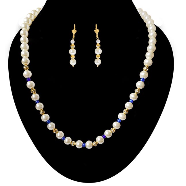 Single Line White Shell Pearl, Blue Colure Stone & Stone Ring Necklace Earring Set (PS469)