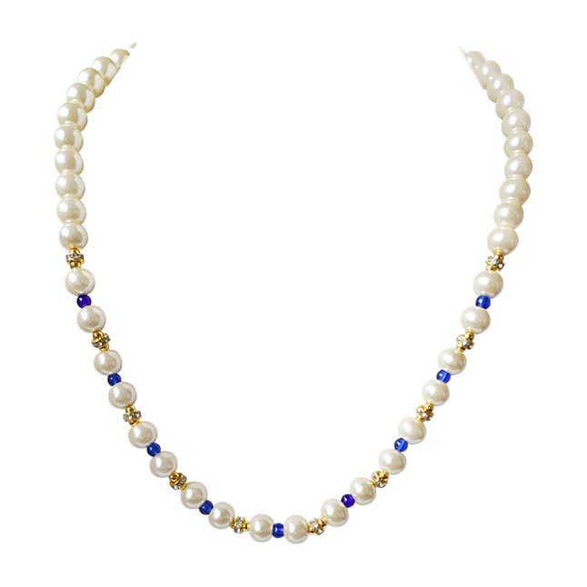 Single Line White Shell Pearl, Blue Colure Stone & Stone Ring Necklace Earring Set (PS469)