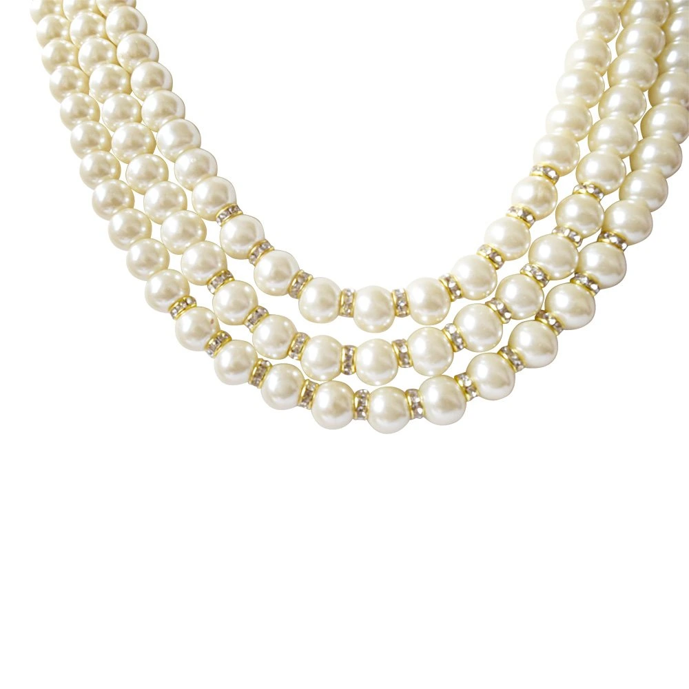 3 Line White Shell Pearl and Stone Ring Necklace (PS470)