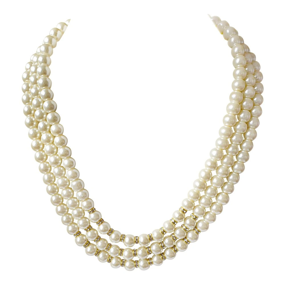 3 Line White Shell Pearl and Stone Ring Necklace (PS470)
