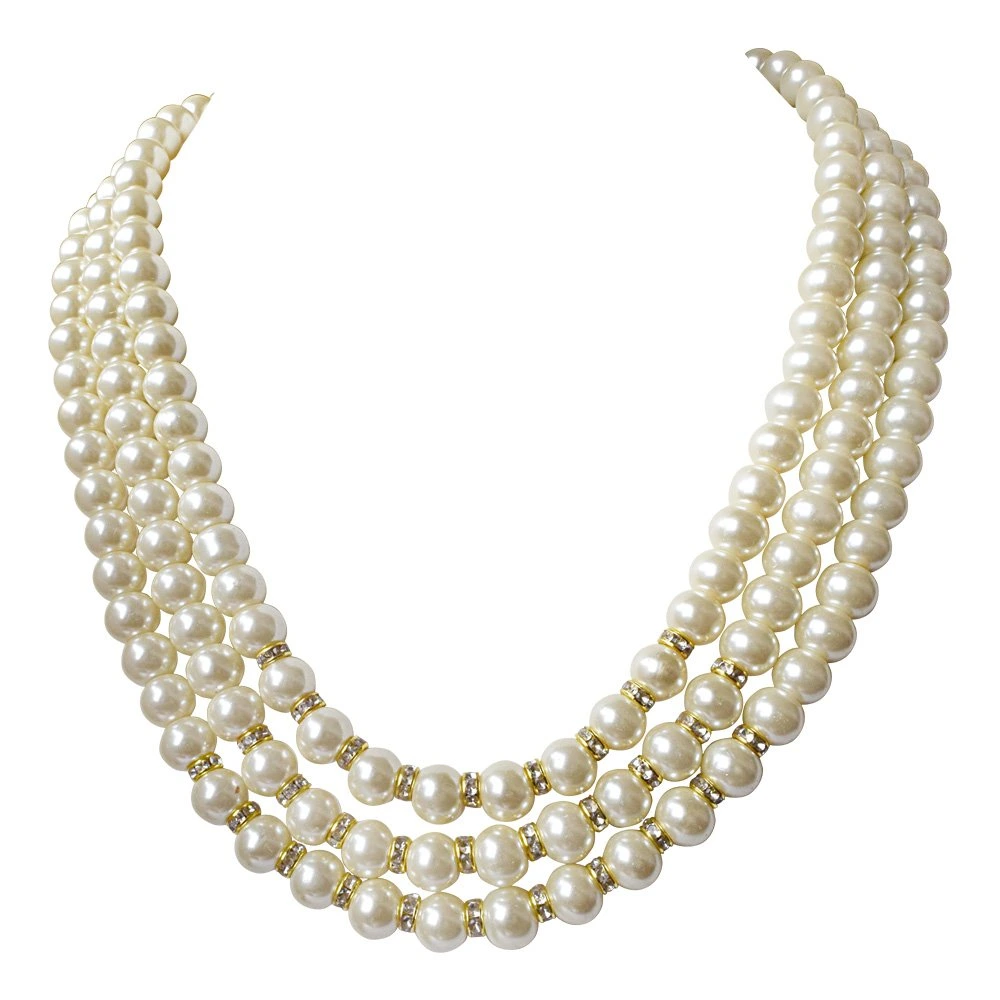 3 Line White Shell Pearl and Stone Ring Necklace (PS470)