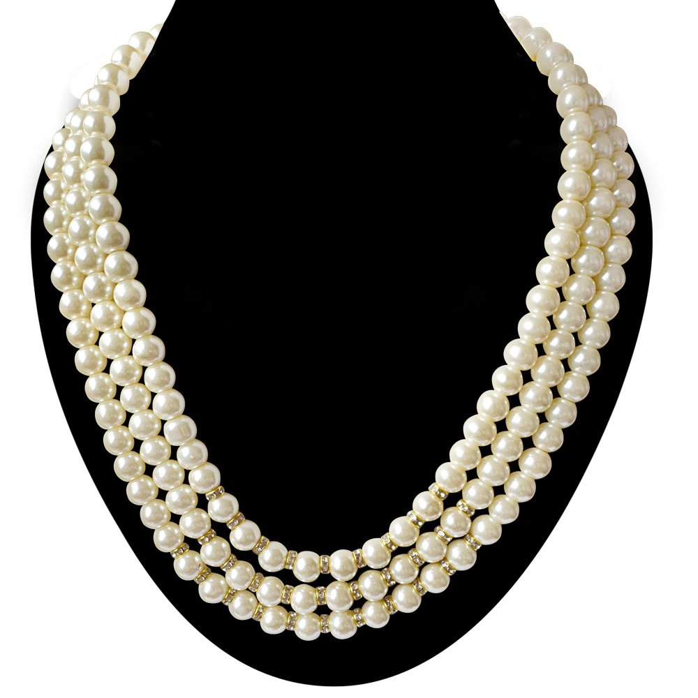 3 Line White Shell Pearl and Stone Ring Necklace (PS470)