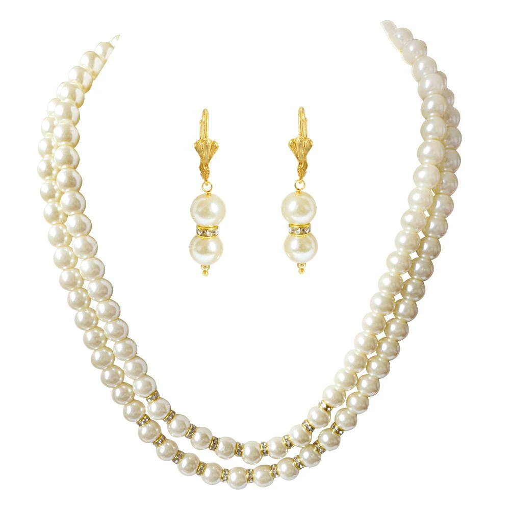 2 Line White Shell Pearl and Stone Ring Necklace Earring Set (PS471)