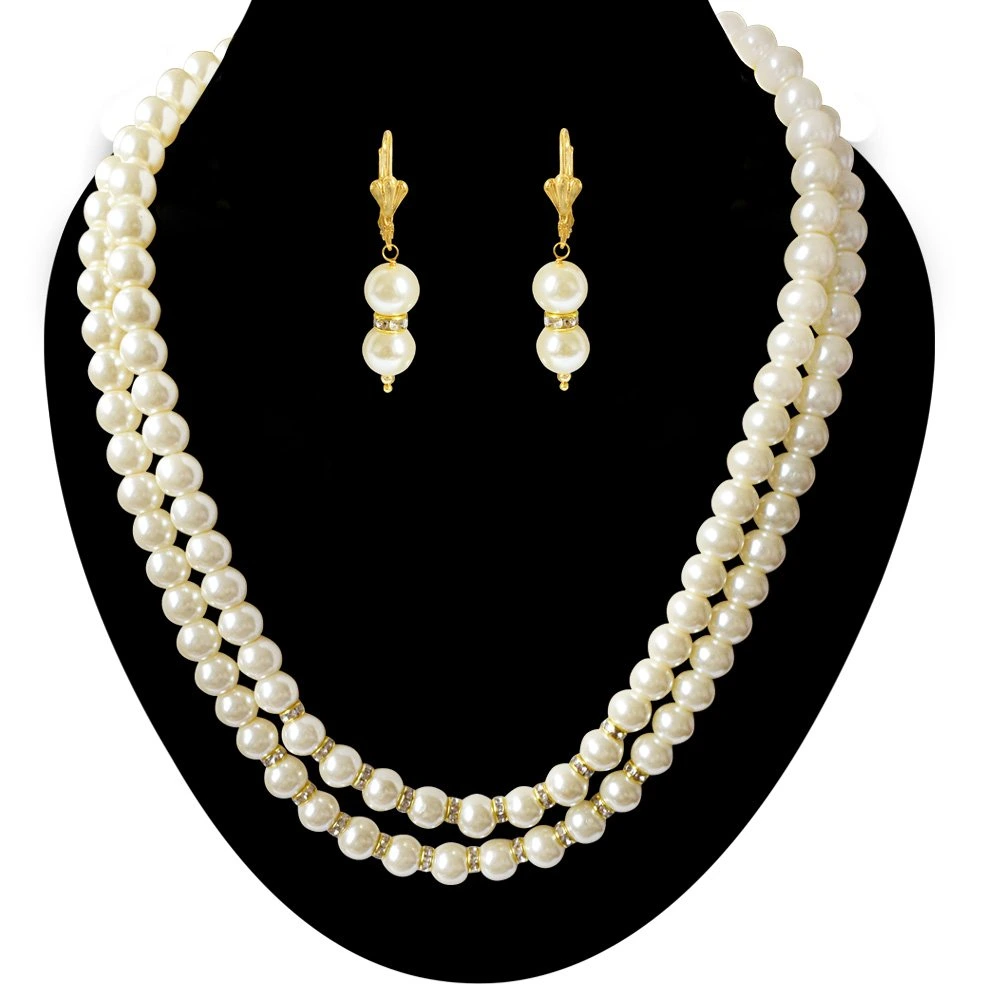 2 Line White Shell Pearl and Stone Ring Necklace Earring Set (PS471)