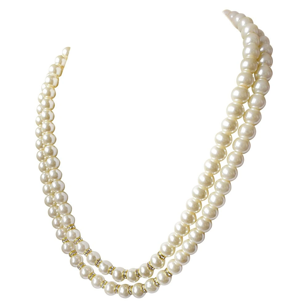 2 Line White Shell Pearl and Stone Ring Necklace Earring Set (PS471)