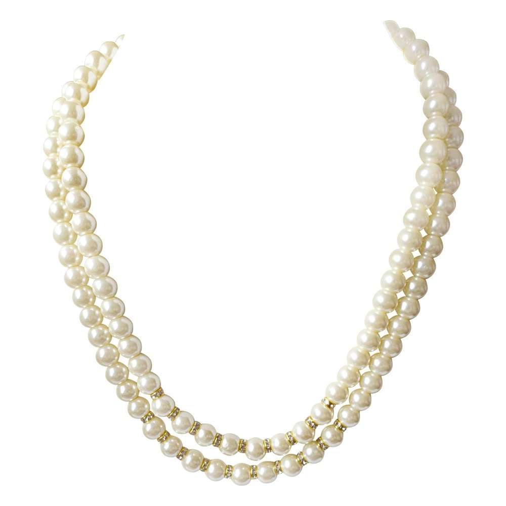 2 Line White Shell Pearl and Stone Ring Necklace Earring Set (PS471)