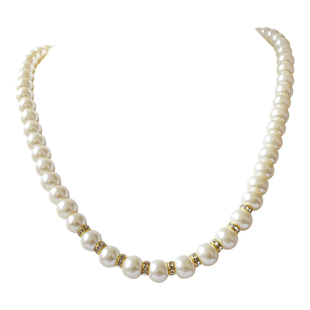 Single Line White Shell Pearl and Gold Plated Stone Ring Necklace (PS472)