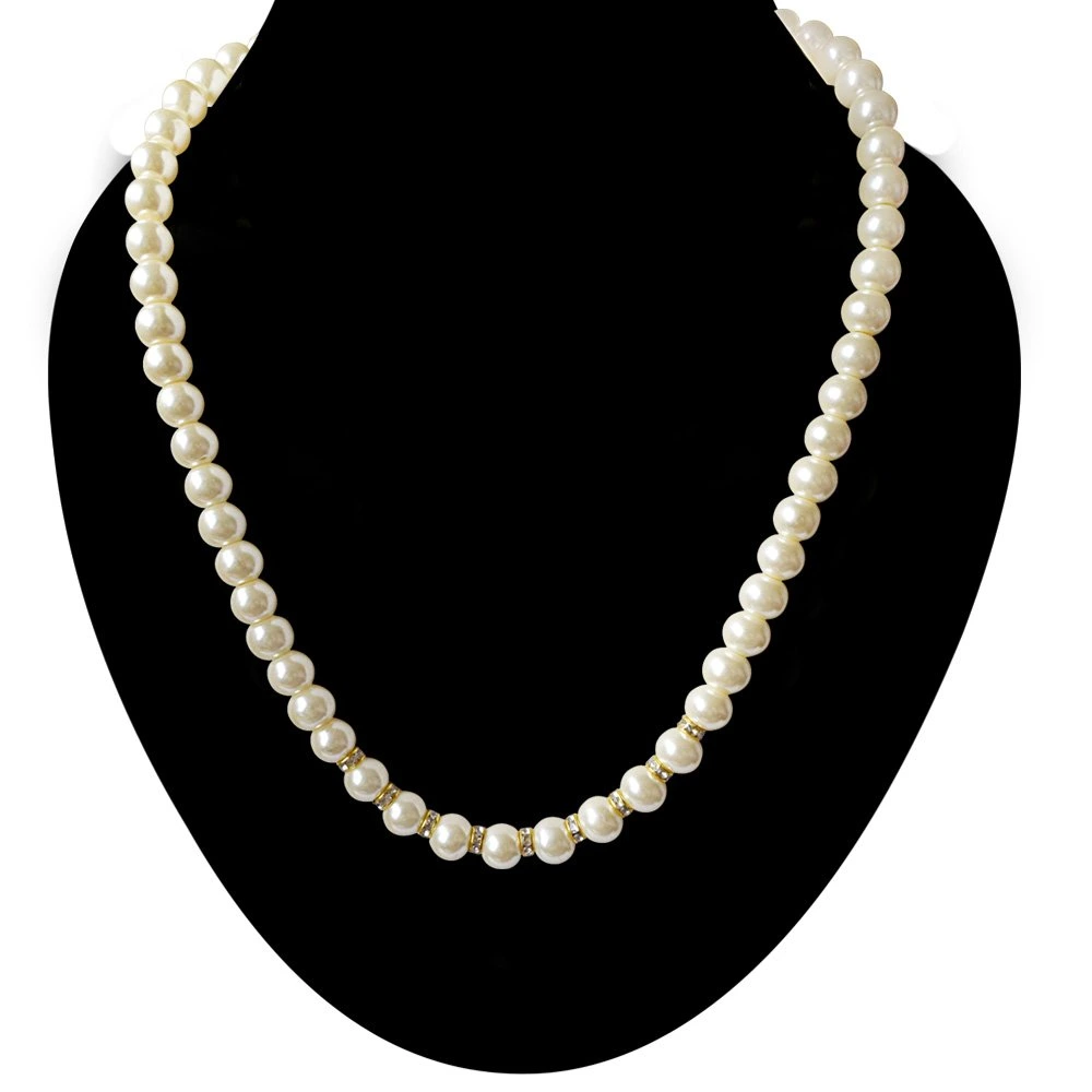 Single Line White Shell Pearl and Gold Plated Stone Ring Necklace (PS472)