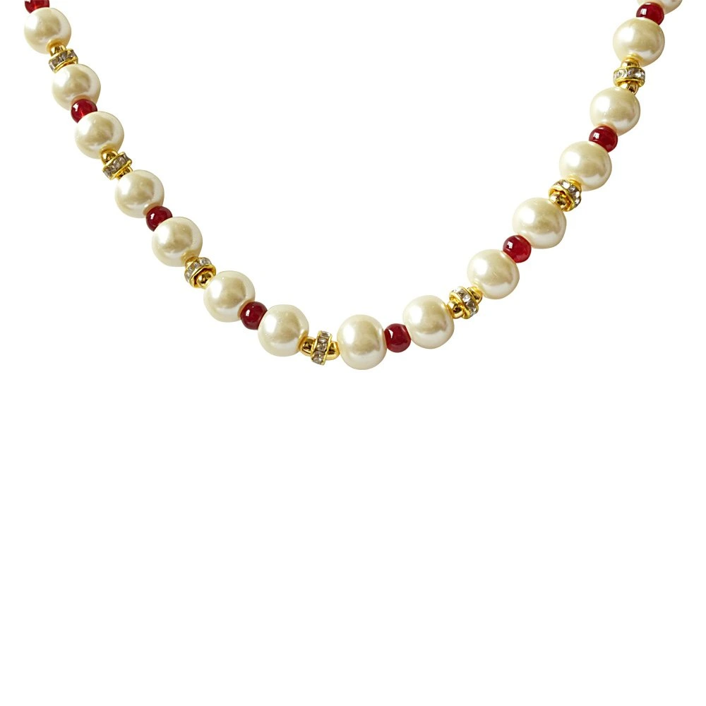 Single Line White Shell Pearl, Red Colour Stone & Stone Ring Necklace Earring Set (PS473)