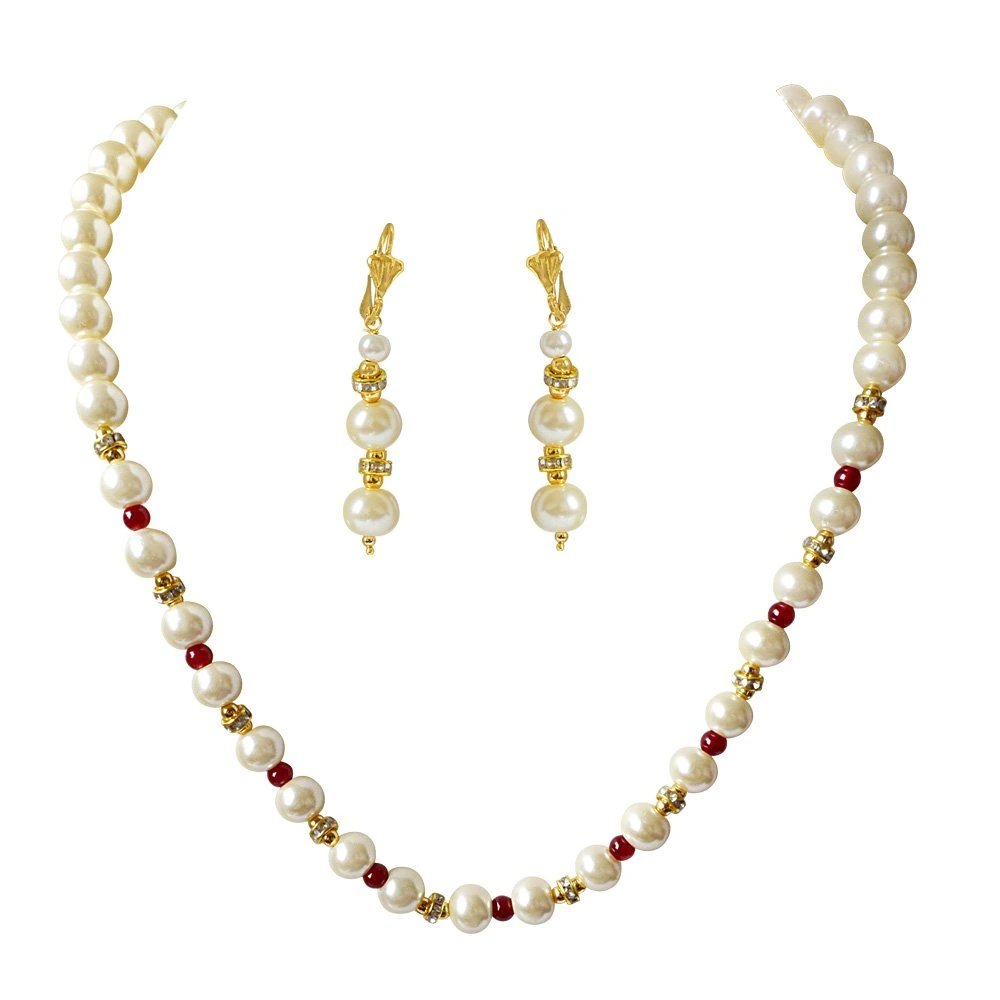 Single Line White Shell Pearl, Red Colour Stone & Stone Ring Necklace Earring Set (PS473)