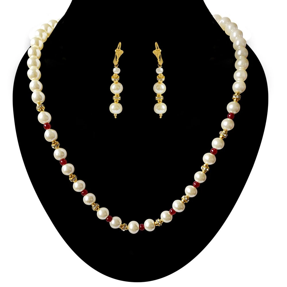 Single Line White Shell Pearl, Red Colour Stone & Stone Ring Necklace Earring Set (PS473)