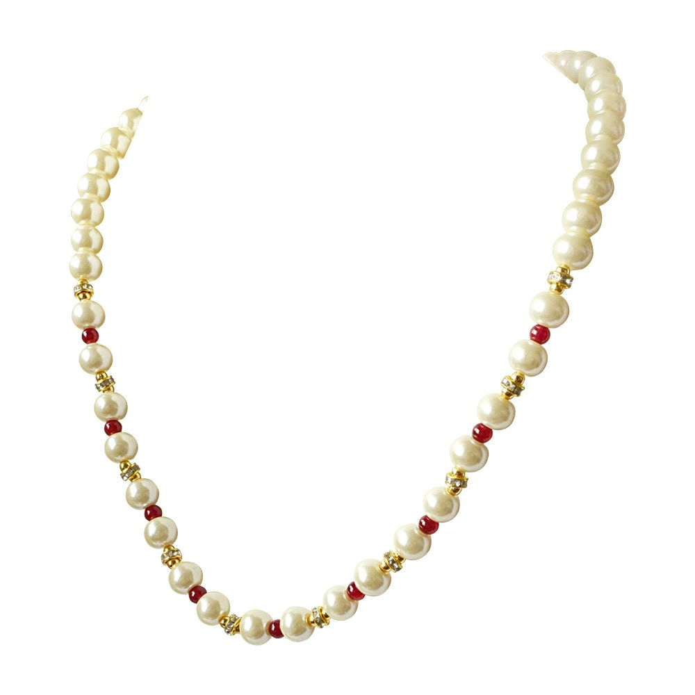 Single Line White Shell Pearl, Red Colour Stone & Stone Ring Necklace Earring Set (PS473)