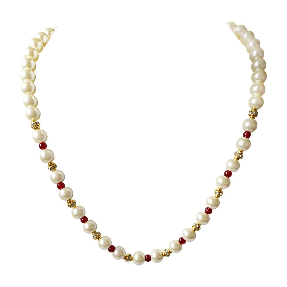 Single Line White Shell Pearl, Red Colour Stone & Stone Ring Necklace Earring Set (PS473)