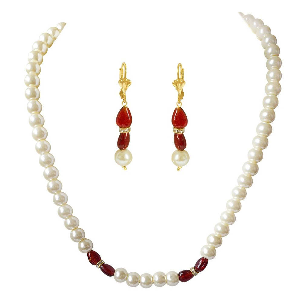 Single Line White Shell Pearl, Oval Shaped Red Stone & Stone Ring Necklace Earring Set (PS475)