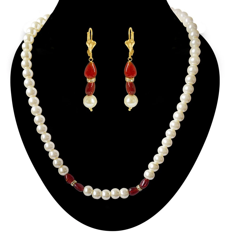 Single Line White Shell Pearl, Oval Shaped Red Stone & Stone Ring Necklace Earring Set (PS475)