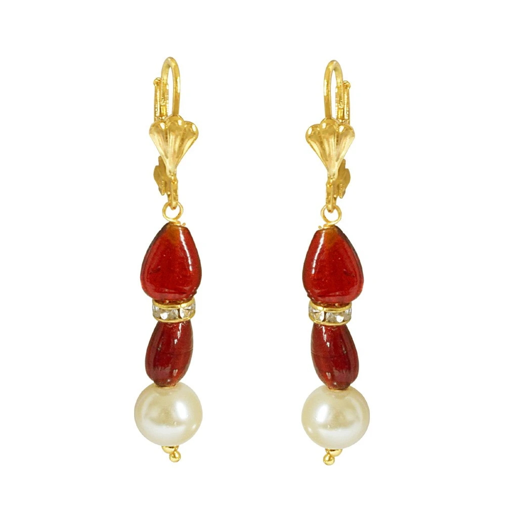 Single Line White Shell Pearl, Oval Shaped Red Stone & Stone Ring Necklace Earring Set PS475