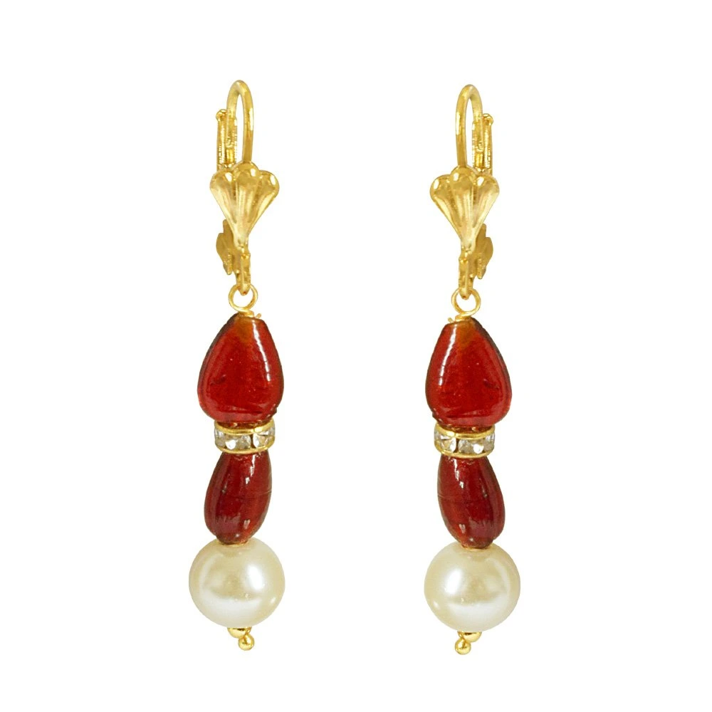 Single Line White Shell Pearl, Oval Shaped Red Stone & Stone Ring Necklace Earring Set (PS475)