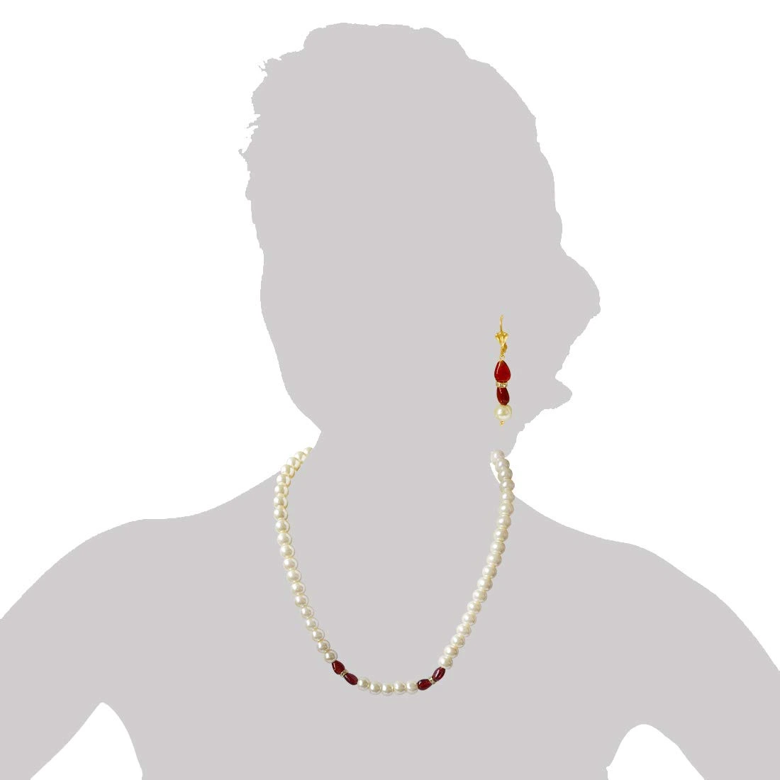 Single Line White Shell Pearl, Oval Shaped Red Stone & Stone Ring Necklace Earring Set (PS475)